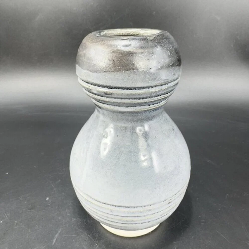 Primitive Style Art Pottery Bud Vase Round Bottom‎ Gray Black Lines Glaze Vase